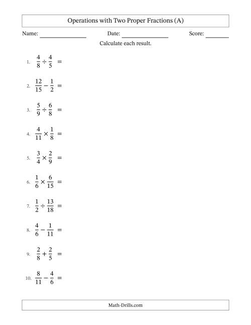 The Operations with Two Proper Fractions with Unlike Denominators, Proper Fractions Results and All Simplifying (All) Math Worksheet