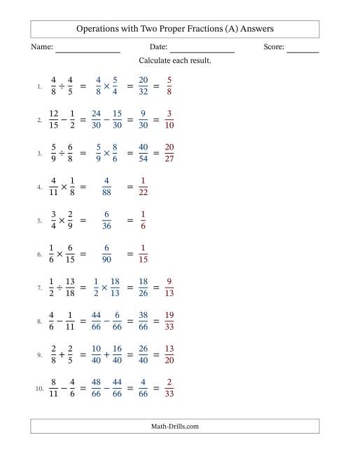 The Operations with Two Proper Fractions with Unlike Denominators, Proper Fractions Results and All Simplifying (All) Math Worksheet Page 2