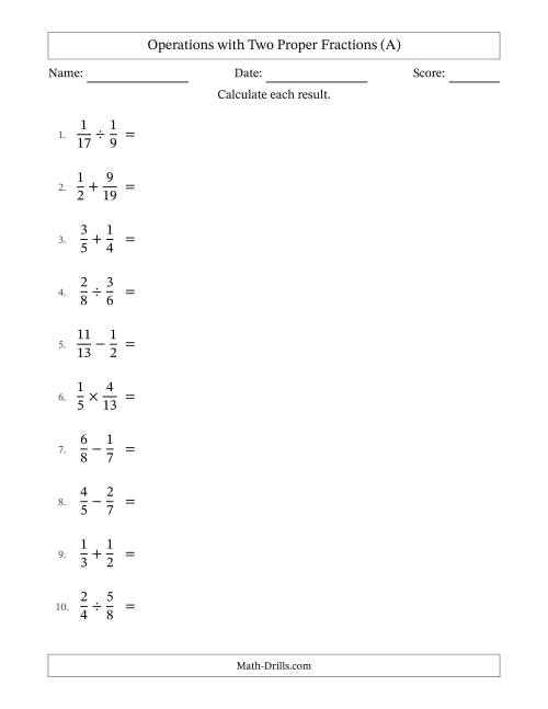 The Operations with Two Proper Fractions with Unlike Denominators, Proper Fractions Results and Some Simplifying (A) Math Worksheet