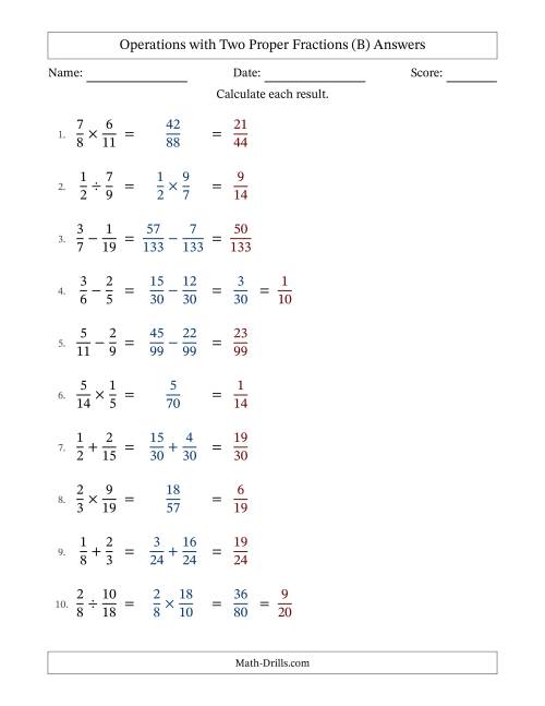 The Operations with Two Proper Fractions with Unlike Denominators, Proper Fractions Results and Some Simplifying (B) Math Worksheet Page 2