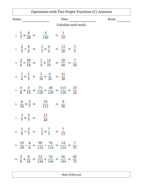 The Operations with Two Proper Fractions with Unlike Denominators, Proper Fractions Results and Some Simplifying (C) Math Worksheet Page 2