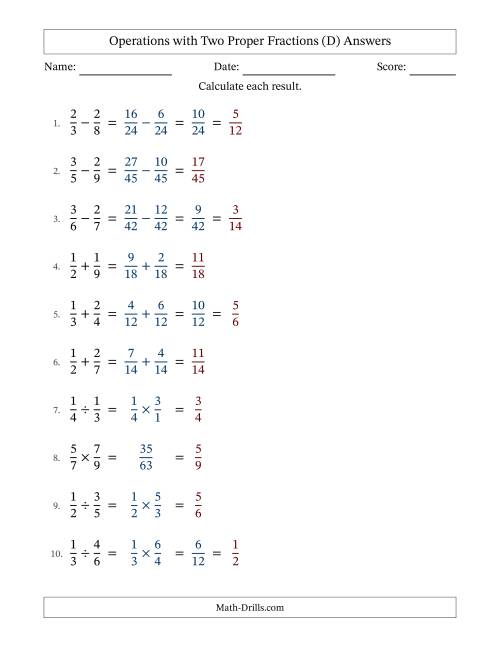 The Operations with Two Proper Fractions with Unlike Denominators, Proper Fractions Results and Some Simplifying (D) Math Worksheet Page 2
