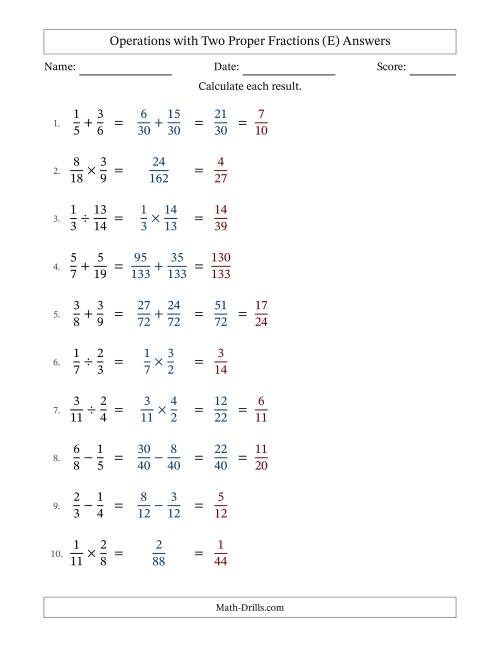 The Operations with Two Proper Fractions with Unlike Denominators, Proper Fractions Results and Some Simplifying (E) Math Worksheet Page 2