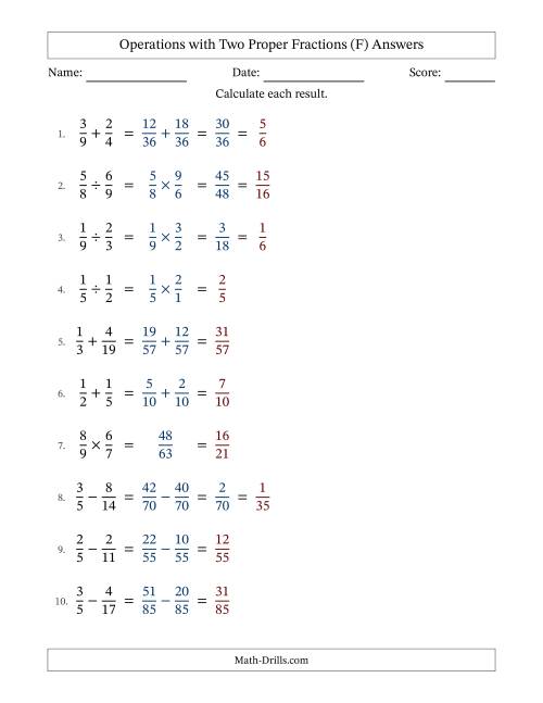 The Operations with Two Proper Fractions with Unlike Denominators, Proper Fractions Results and Some Simplifying (F) Math Worksheet Page 2