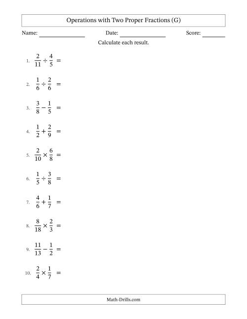 The Operations with Two Proper Fractions with Unlike Denominators, Proper Fractions Results and Some Simplifying (G) Math Worksheet