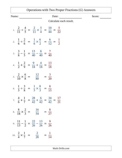 The Operations with Two Proper Fractions with Unlike Denominators, Proper Fractions Results and Some Simplifying (G) Math Worksheet Page 2