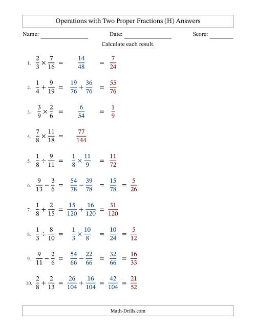 The Operations with Two Proper Fractions with Unlike Denominators, Proper Fractions Results and Some Simplifying (H) Math Worksheet Page 2