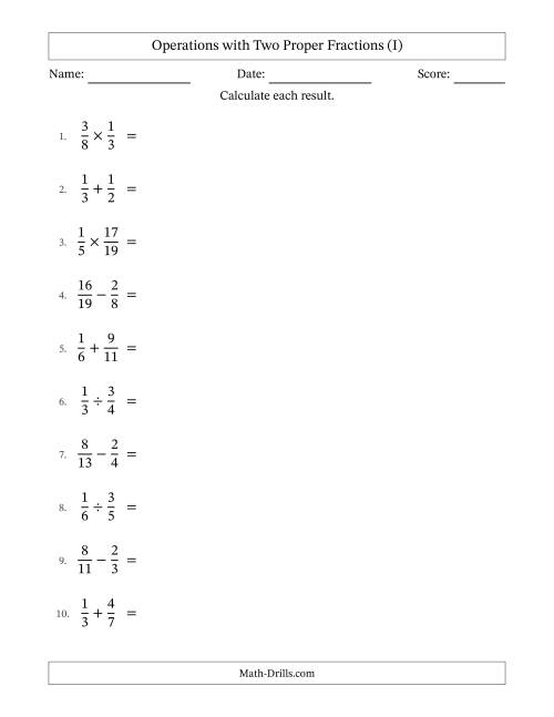 The Operations with Two Proper Fractions with Unlike Denominators, Proper Fractions Results and Some Simplifying (I) Math Worksheet