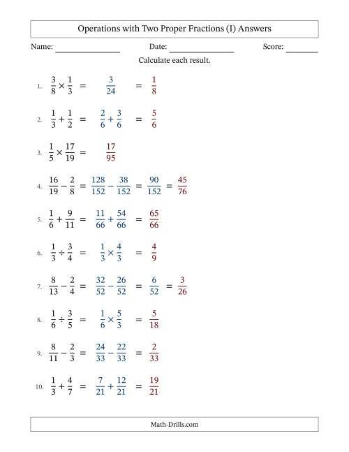 The Operations with Two Proper Fractions with Unlike Denominators, Proper Fractions Results and Some Simplifying (I) Math Worksheet Page 2