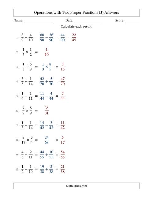 The Operations with Two Proper Fractions with Unlike Denominators, Proper Fractions Results and Some Simplifying (J) Math Worksheet Page 2
