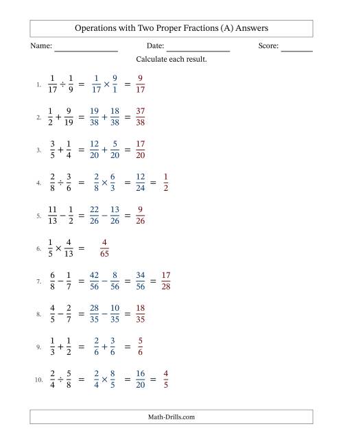 The Operations with Two Proper Fractions with Unlike Denominators, Proper Fractions Results and Some Simplifying (All) Math Worksheet Page 2