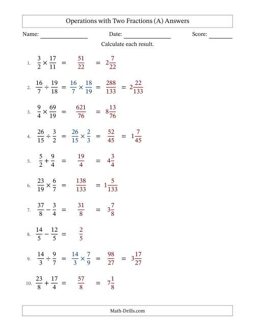 The Operations with Proper and Improper Fractions with Equal Denominators, Mixed Fractions Results and No Simplifying (A) Math Worksheet Page 2