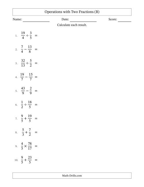 The Operations with Proper and Improper Fractions with Equal Denominators, Mixed Fractions Results and No Simplifying (B) Math Worksheet