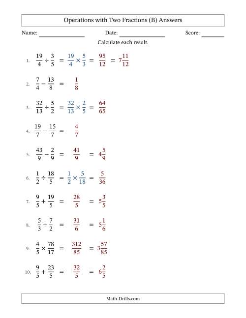 The Operations with Proper and Improper Fractions with Equal Denominators, Mixed Fractions Results and No Simplifying (B) Math Worksheet Page 2