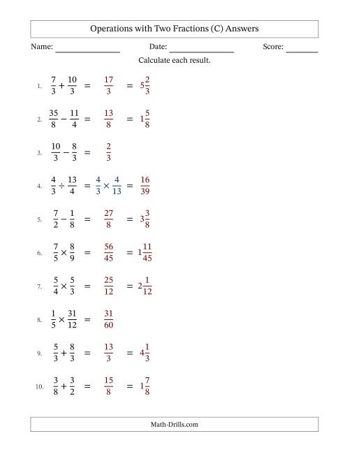 The Operations with Proper and Improper Fractions with Equal Denominators, Mixed Fractions Results and No Simplifying (C) Math Worksheet Page 2