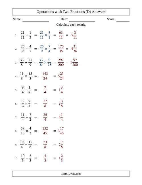 The Operations with Proper and Improper Fractions with Equal Denominators, Mixed Fractions Results and No Simplifying (D) Math Worksheet Page 2