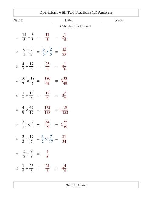The Operations with Proper and Improper Fractions with Equal Denominators, Mixed Fractions Results and No Simplifying (E) Math Worksheet Page 2