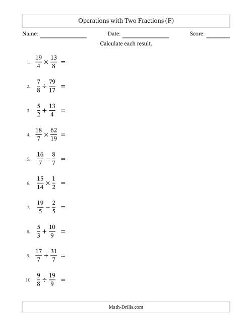 The Operations with Proper and Improper Fractions with Equal Denominators, Mixed Fractions Results and No Simplifying (F) Math Worksheet