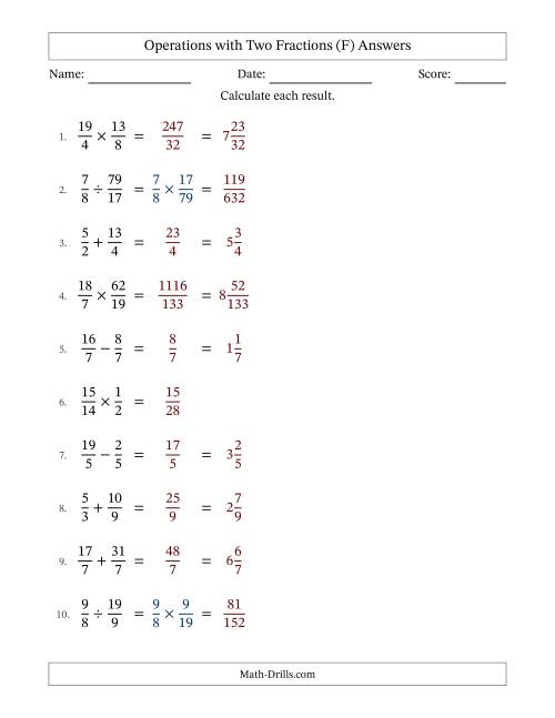 The Operations with Proper and Improper Fractions with Equal Denominators, Mixed Fractions Results and No Simplifying (F) Math Worksheet Page 2