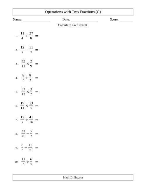 The Operations with Proper and Improper Fractions with Equal Denominators, Mixed Fractions Results and No Simplifying (G) Math Worksheet