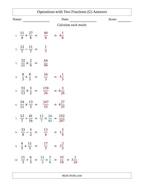 The Operations with Proper and Improper Fractions with Equal Denominators, Mixed Fractions Results and No Simplifying (G) Math Worksheet Page 2