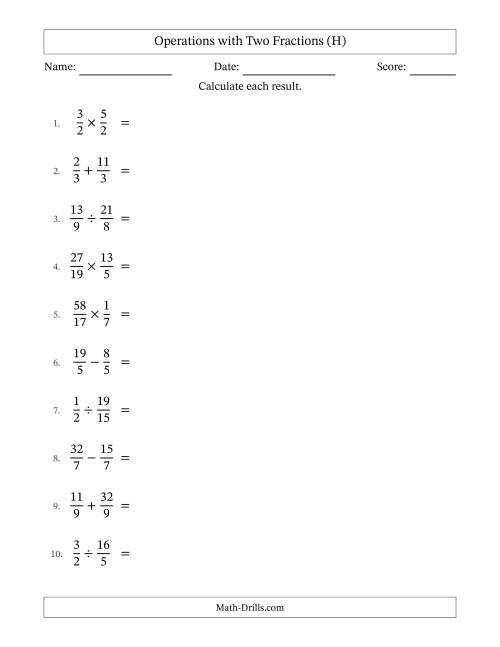The Operations with Proper and Improper Fractions with Equal Denominators, Mixed Fractions Results and No Simplifying (H) Math Worksheet