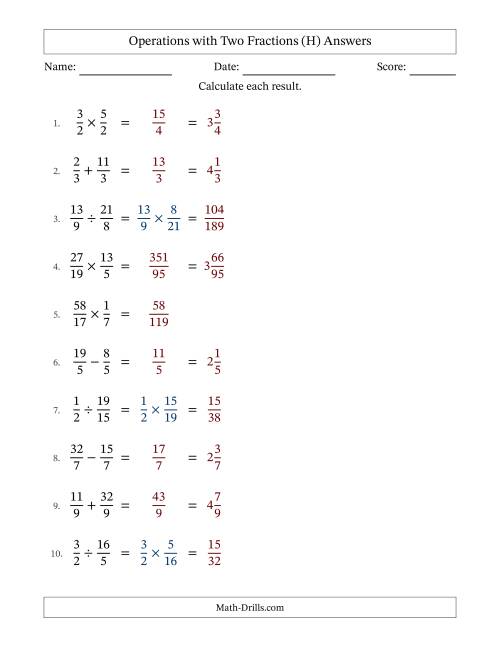 The Operations with Proper and Improper Fractions with Equal Denominators, Mixed Fractions Results and No Simplifying (H) Math Worksheet Page 2