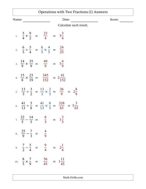 The Operations with Proper and Improper Fractions with Equal Denominators, Mixed Fractions Results and No Simplifying (I) Math Worksheet Page 2