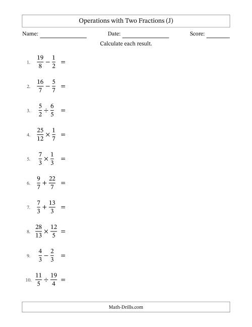 The Operations with Proper and Improper Fractions with Equal Denominators, Mixed Fractions Results and No Simplifying (J) Math Worksheet