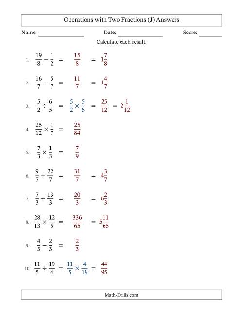 The Operations with Proper and Improper Fractions with Equal Denominators, Mixed Fractions Results and No Simplifying (J) Math Worksheet Page 2