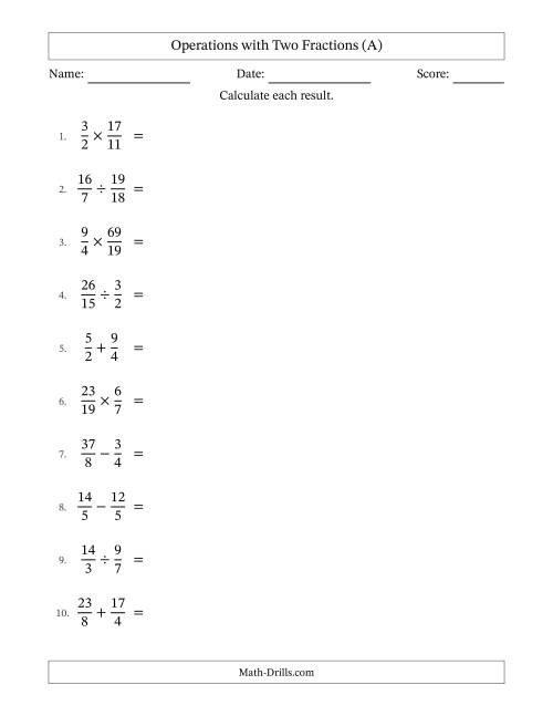 The Operations with Proper and Improper Fractions with Equal Denominators, Mixed Fractions Results and No Simplifying (All) Math Worksheet