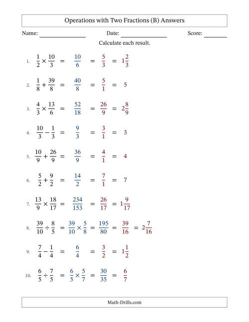 The Operations with Proper and Improper Fractions with Equal Denominators, Mixed Fractions Results and All Simplifying (B) Math Worksheet Page 2