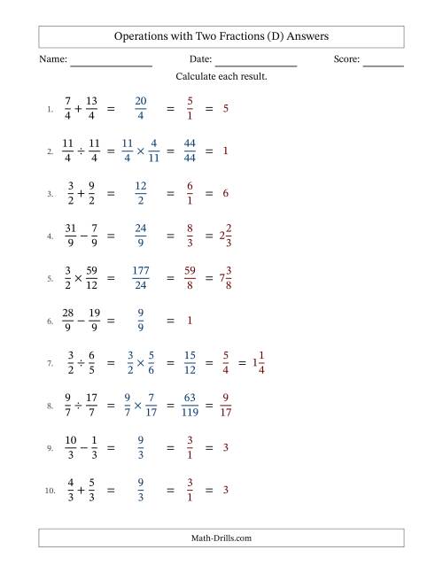 The Operations with Proper and Improper Fractions with Equal Denominators, Mixed Fractions Results and All Simplifying (D) Math Worksheet Page 2