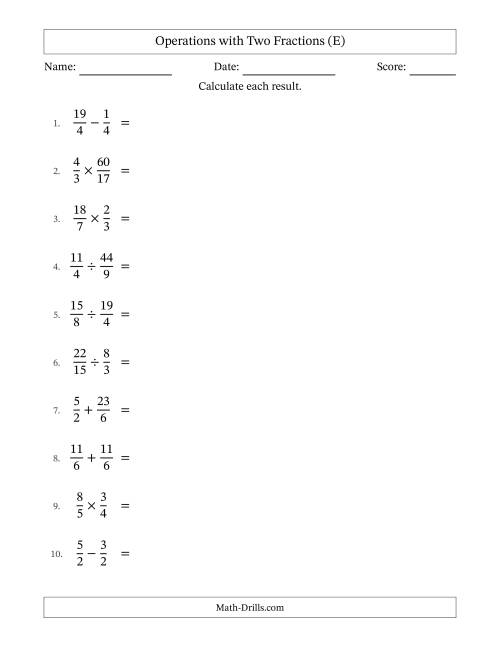 The Operations with Proper and Improper Fractions with Equal Denominators, Mixed Fractions Results and All Simplifying (E) Math Worksheet