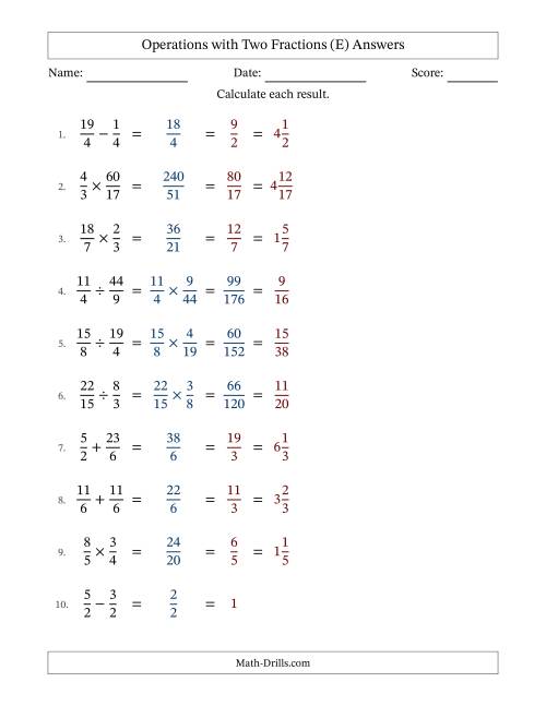 The Operations with Proper and Improper Fractions with Equal Denominators, Mixed Fractions Results and All Simplifying (E) Math Worksheet Page 2