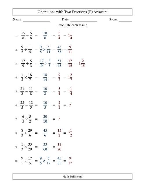 The Operations with Proper and Improper Fractions with Equal Denominators, Mixed Fractions Results and All Simplifying (F) Math Worksheet Page 2