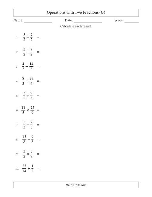 The Operations with Proper and Improper Fractions with Equal Denominators, Mixed Fractions Results and All Simplifying (G) Math Worksheet