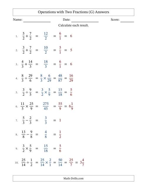 The Operations with Proper and Improper Fractions with Equal Denominators, Mixed Fractions Results and All Simplifying (G) Math Worksheet Page 2