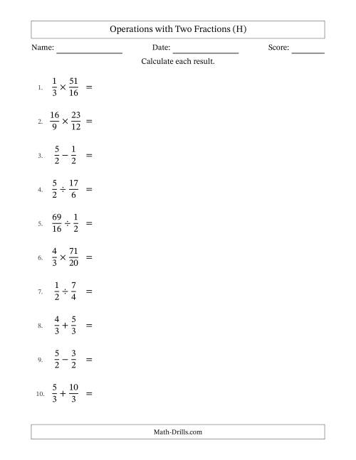 The Operations with Proper and Improper Fractions with Equal Denominators, Mixed Fractions Results and All Simplifying (H) Math Worksheet