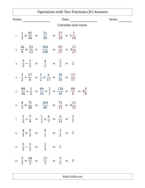 The Operations with Proper and Improper Fractions with Equal Denominators, Mixed Fractions Results and All Simplifying (H) Math Worksheet Page 2