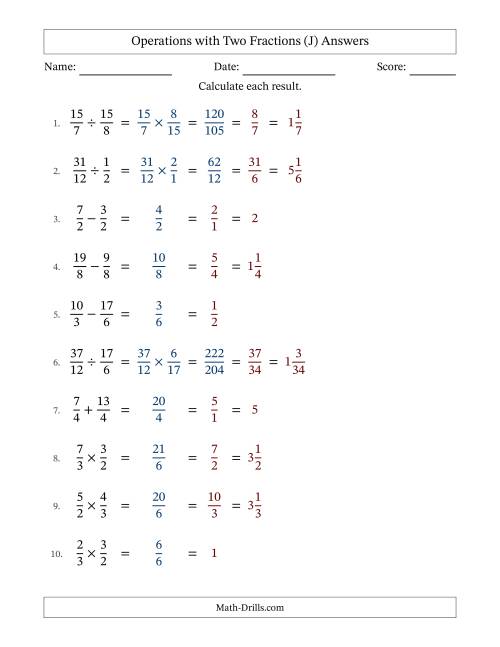 The Operations with Proper and Improper Fractions with Equal Denominators, Mixed Fractions Results and All Simplifying (J) Math Worksheet Page 2