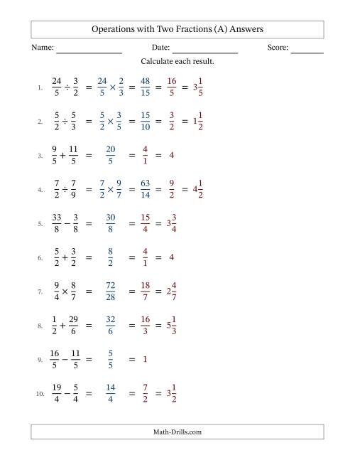 The Operations with Proper and Improper Fractions with Equal Denominators, Mixed Fractions Results and All Simplifying (All) Math Worksheet Page 2