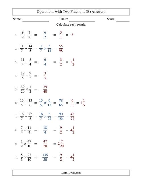 The Operations with Proper and Improper Fractions with Equal Denominators, Mixed Fractions Results and Some Simplifying (B) Math Worksheet Page 2
