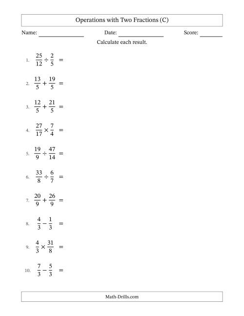 The Operations with Proper and Improper Fractions with Equal Denominators, Mixed Fractions Results and Some Simplifying (C) Math Worksheet