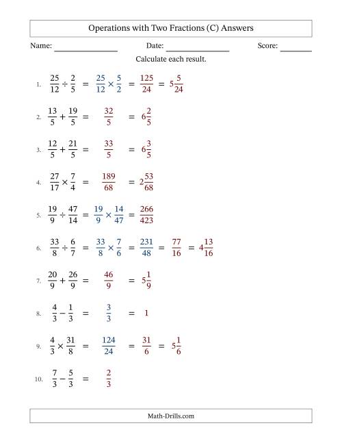 The Operations with Proper and Improper Fractions with Equal Denominators, Mixed Fractions Results and Some Simplifying (C) Math Worksheet Page 2