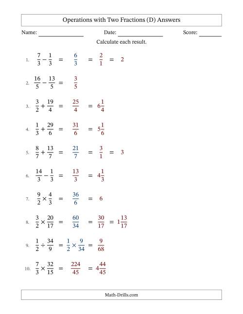 The Operations with Proper and Improper Fractions with Equal Denominators, Mixed Fractions Results and Some Simplifying (D) Math Worksheet Page 2