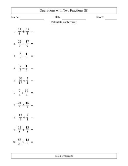 The Operations with Proper and Improper Fractions with Equal Denominators, Mixed Fractions Results and Some Simplifying (E) Math Worksheet