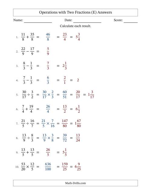 The Operations with Proper and Improper Fractions with Equal Denominators, Mixed Fractions Results and Some Simplifying (E) Math Worksheet Page 2
