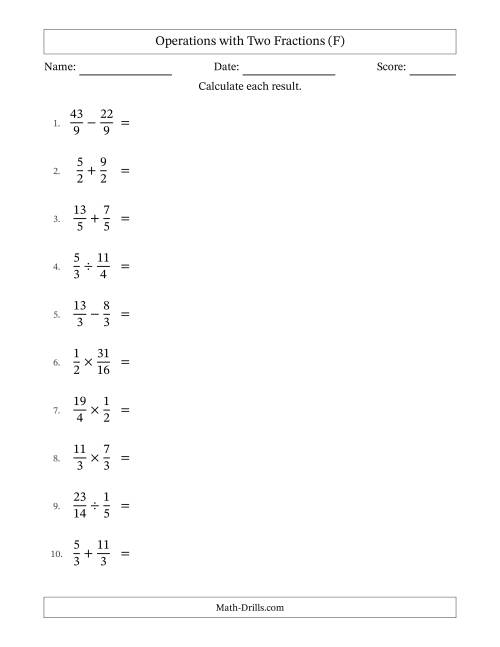 The Operations with Proper and Improper Fractions with Equal Denominators, Mixed Fractions Results and Some Simplifying (F) Math Worksheet