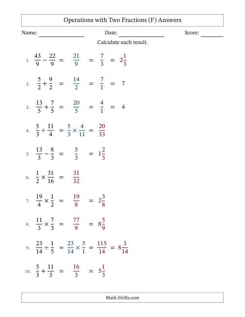 The Operations with Proper and Improper Fractions with Equal Denominators, Mixed Fractions Results and Some Simplifying (F) Math Worksheet Page 2